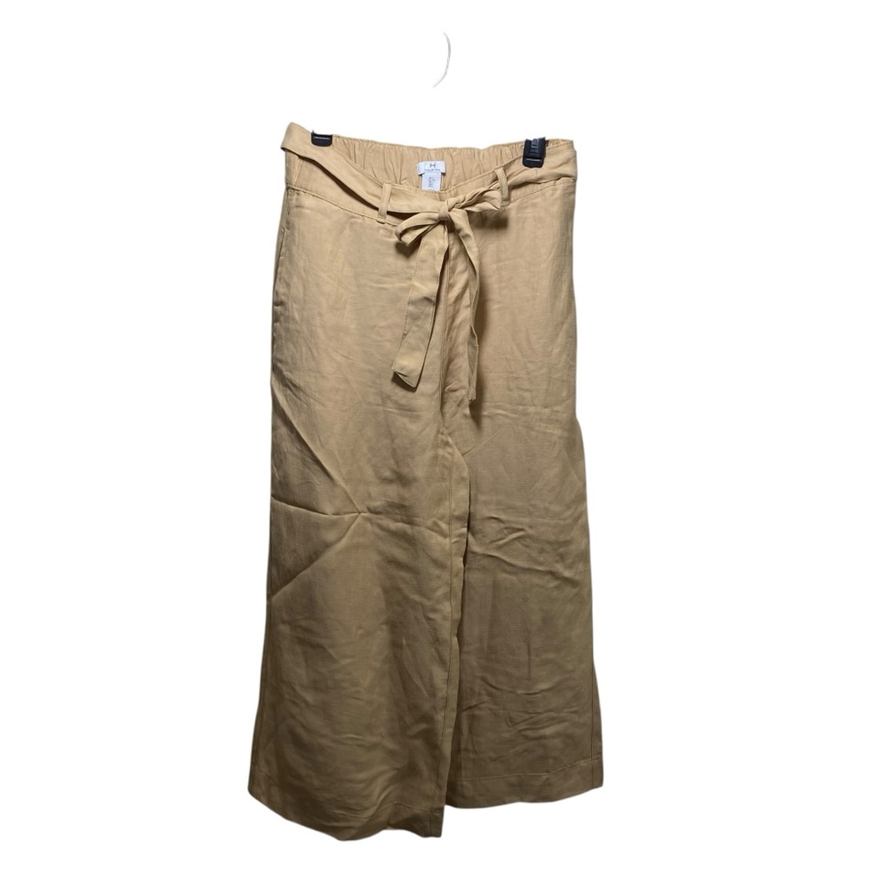 Halston Linen New Belt  Resortwear Nautical Wide Leg Pants Women L Beige Elastic